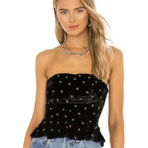 Free People Tops - Free People Velvet Rosie Embroidered Peplum Waist Strapless Top Sz M
